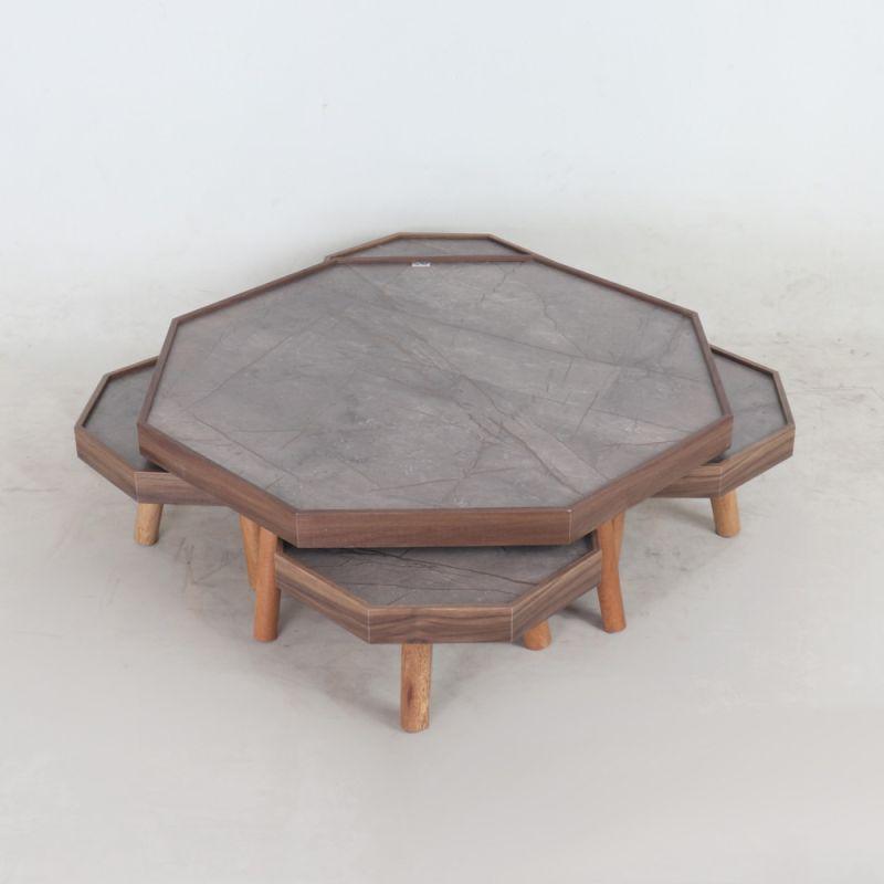 Set of Round Wooden Floor Tables In Brown Color With Gray Surfaces 4+1 By Alhome - ALHOME