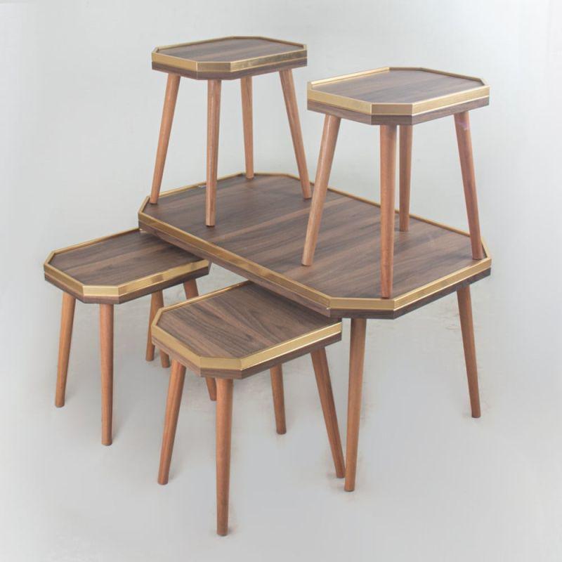 Table Set Of 5 With Golden Edges And Brown Wooden Bases By Alhome - 110112024 - ALHOME