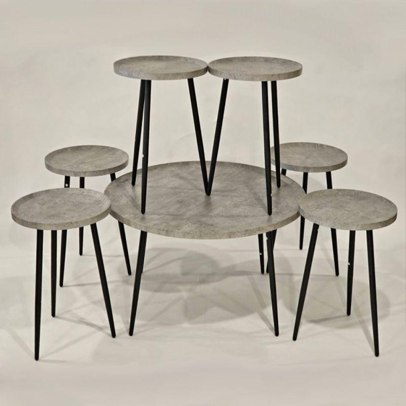 Set of 6+1 Tables With Wooden Top And Metal Bases In Gray-Black Color By Alhome - ALHOME