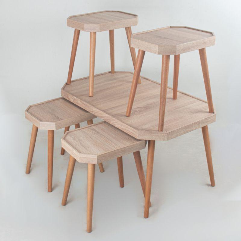 Set of 1+4 Brown Tables With Wooden Bases And A Wooden Top By Alhome - ALHOME