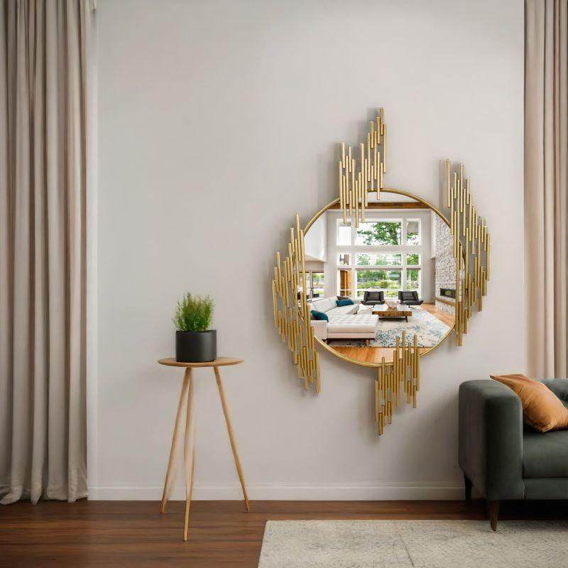 Modern circular wall mirror with iron frame - gold - 72x109x2.5 cm - By Family Ship - ALHOME