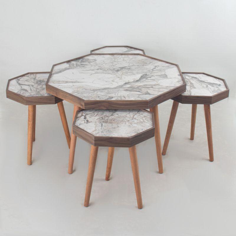 1+4 Table Set With Marble Top And Brown Wooden Bases By Alhome - ALHOME