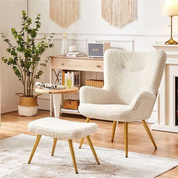 Beige Boucle Chair and Pouf Set Swedish Wood By Alhome - ALHOME