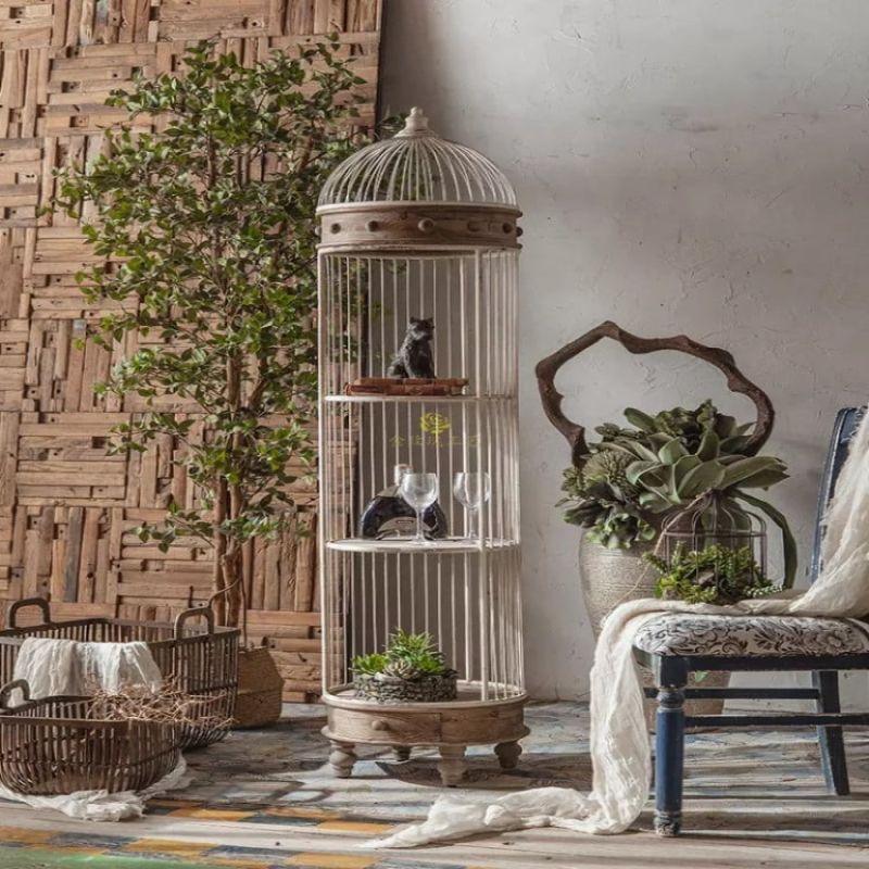 A Stand With A Rustic Iron Cage Design - Wooden Shelves - Beige - By Alhome - ALHOME