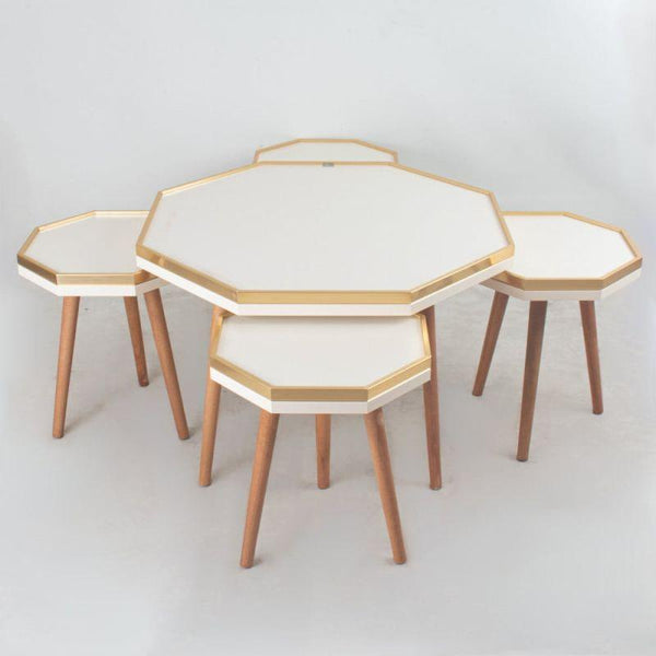 A 1+4 Table Set With A Cream Wooden Top Golden Edges And Wooden Bases By Alhome - ALHOME