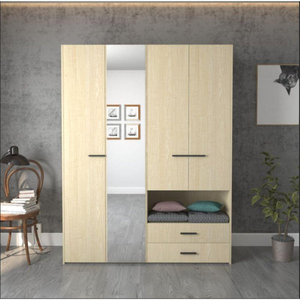 Wardrobe with 4 Doors, 2 Drawers, and Mirror, Beige By Alhome - ALHOME