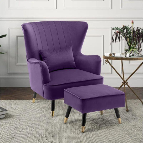 Royal Purple Velvet Chair and Pouf Set Swedish Wood By Alhome - ALHOME