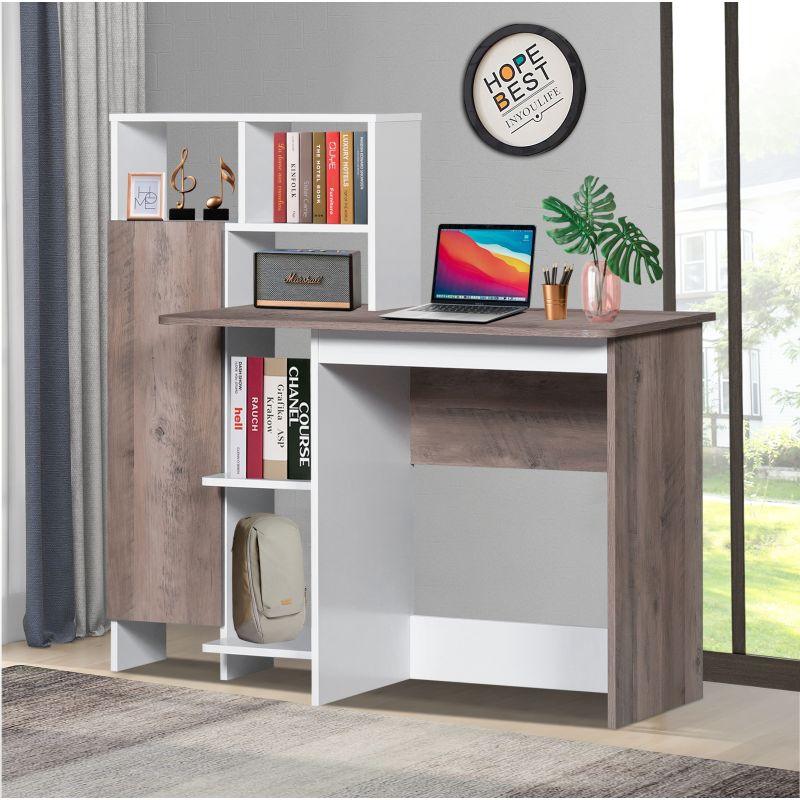 Office Table With Side Shelves Made Of Malaysian Wood - Brown And White - 121.2x60x112 cm - By Baity - ALHOME