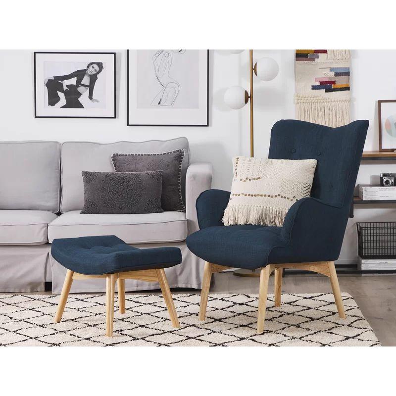 Deep Blue Velvet Chair and Pouf Set Swedish Wood By Alhome - ALHOME