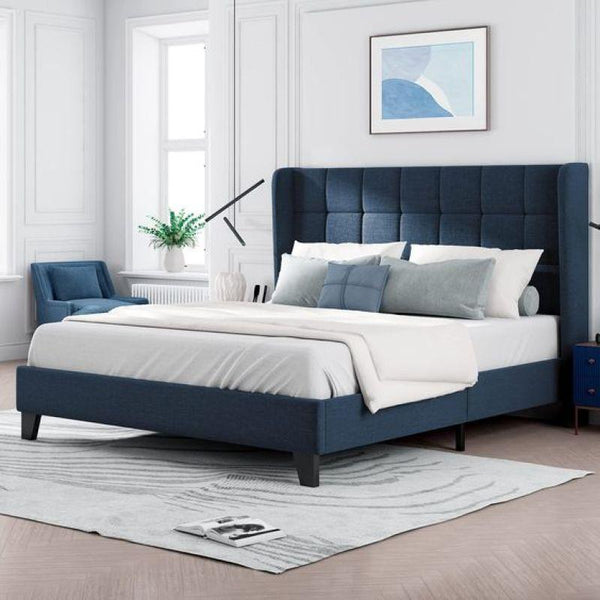 Queen Bed in Blue Chanel Fabric with Swedish Wood Frame By Alhome - ALHOME