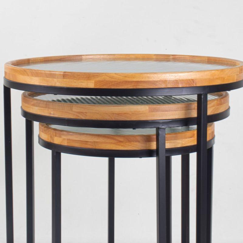 Set of Circular Tables With Iron Bases And A Glass Top With Wooden Edges By Alhome - ALHOME