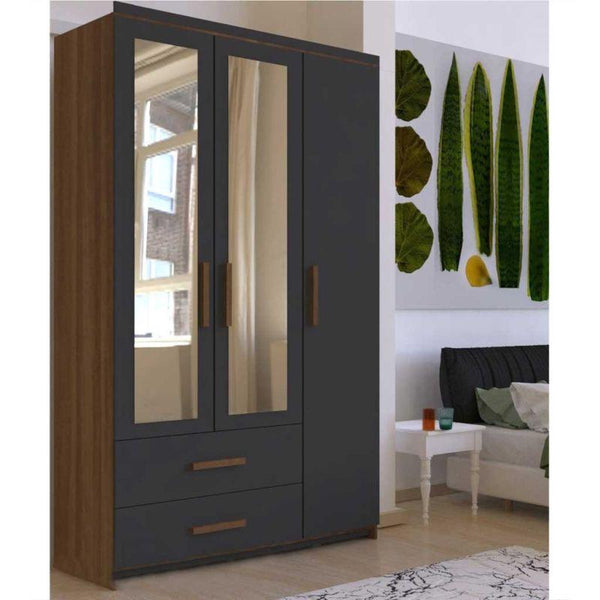 3 Door Wardrobe with Mirror, Black and Brown By Alhome - ALHOME