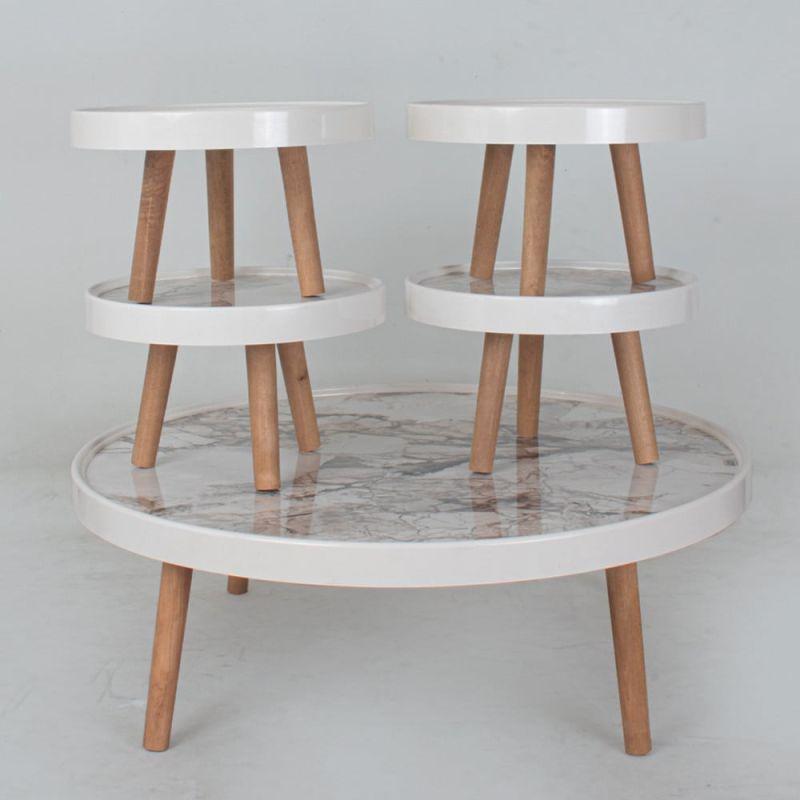 Set of 4+1 Round White Marble Wooden Floor Tables By Alhome - ALHOME