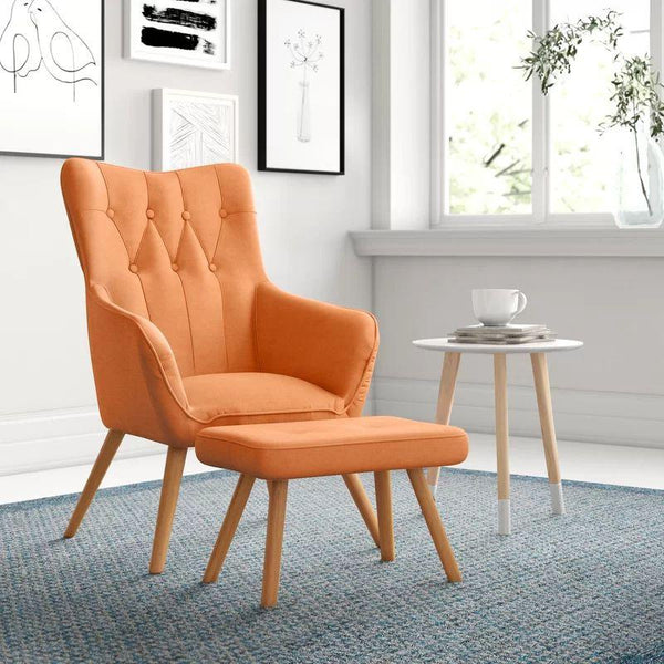 Vibrant Orange Velvet Chair and Pouf Set Swedish Wood By Alhome - ALHOME