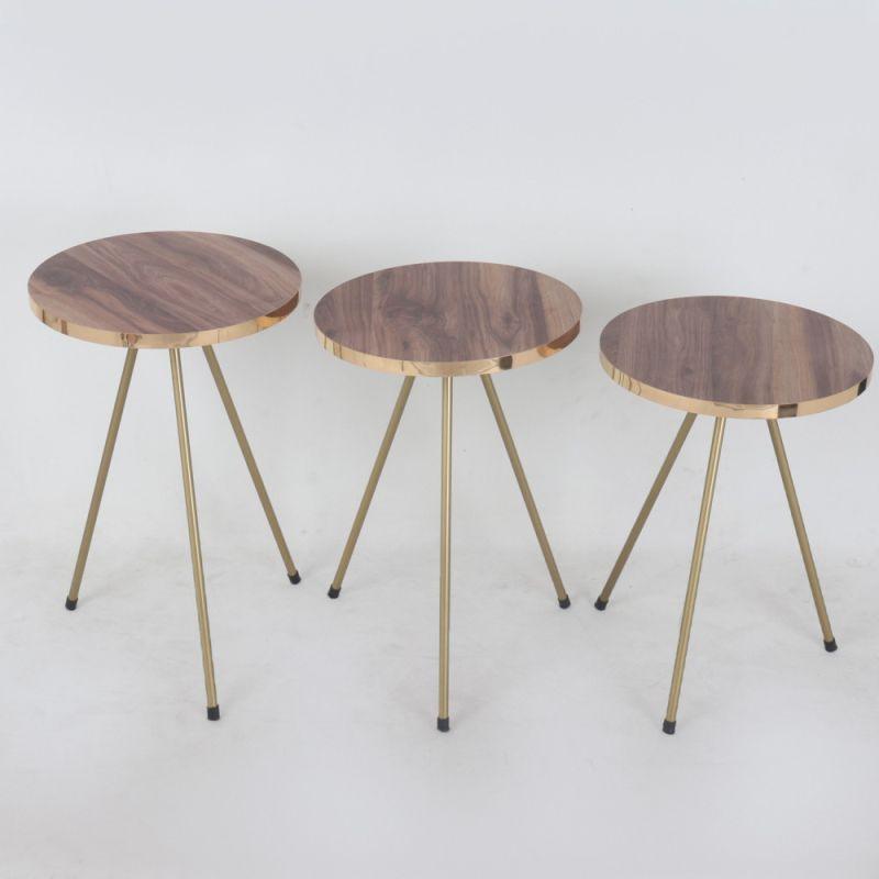 Set of Circular Wooden Tables With Iron Bases In Brown And Gold By Alhome - ALHOME