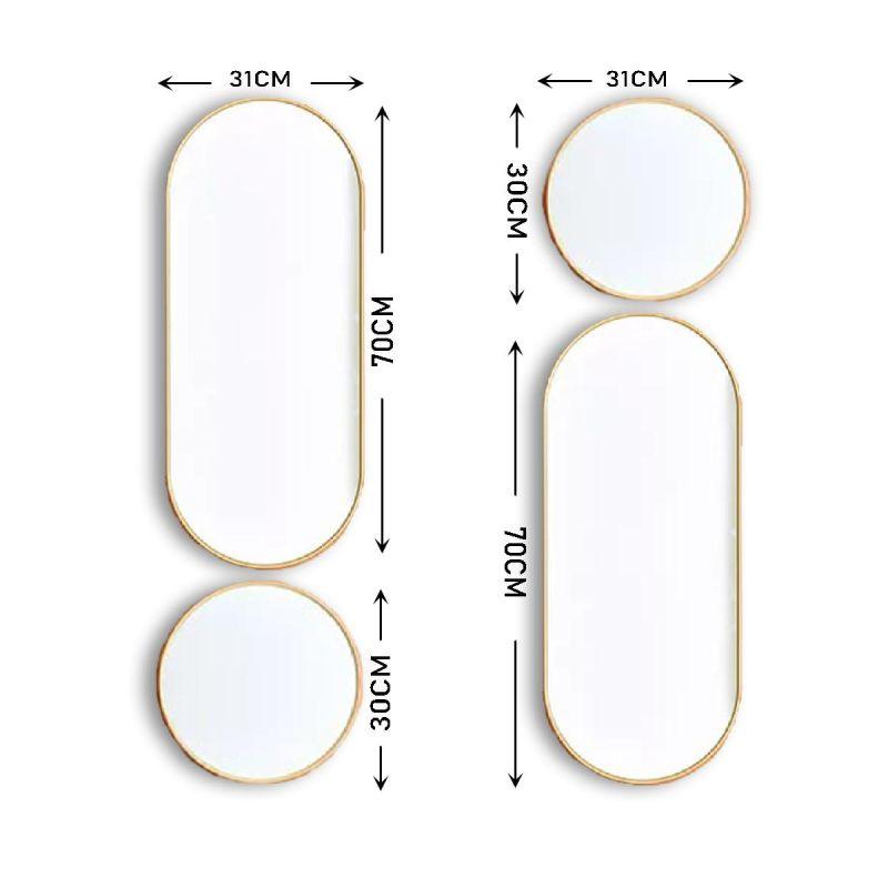 A set of longitudinal and round wall mirrors with a frame - 4 pieces - gold - By Family Ship - ALHOME