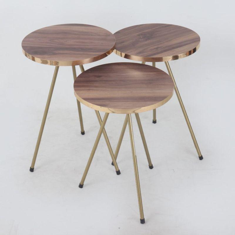 Set of Circular Wooden Tables With Iron Bases In Brown And Gold By Alhome - ALHOME