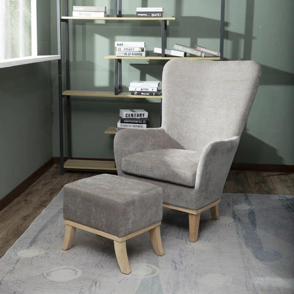 Plush Gray Velvet Chair and Pouf Set Swedish Wood By Alhome - ALHOME