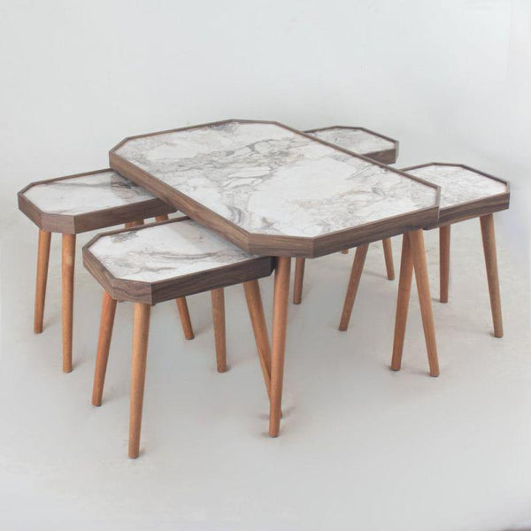 Table Set Of 5 With Brown Wooden Bases And A White Marble Top By Alhome - ALHOME