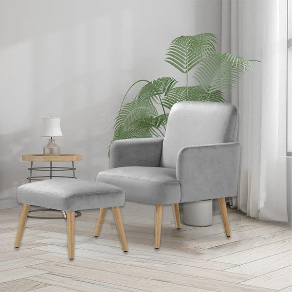 Slate Gray Velvet Chair and Pouf Set Swedish Wood By Alhome - ALHOME