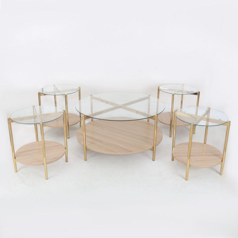 Golden Service Tables Set With Wooden Surfaces And Brown Glass 4+1 By Alhome - ALHOME