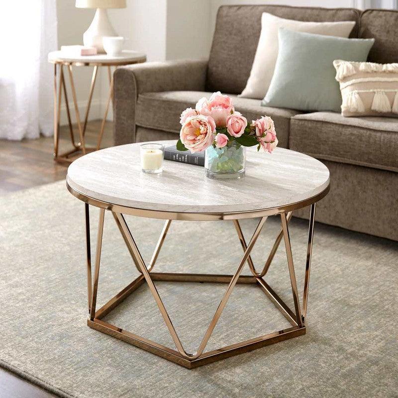 Coffee Table 80x55 cm - White & Gold - AL-2055 By Alhome - ALHOME