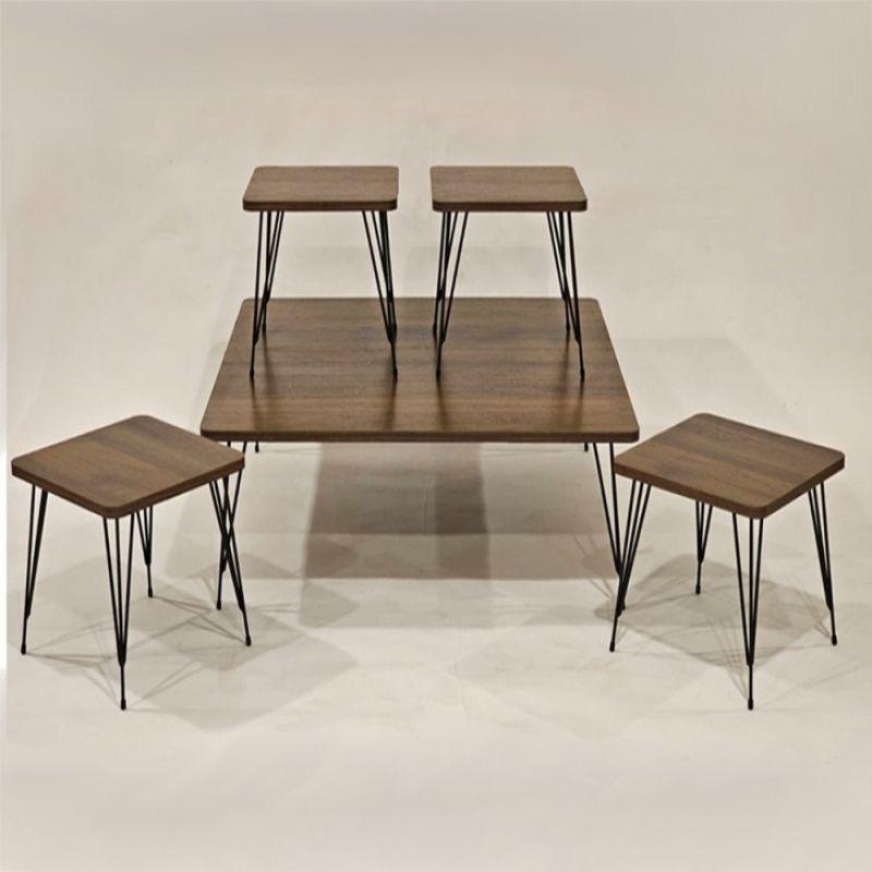 Set of 4+1 Square Tables With Wood Top And Metal Bases In Black Brown Color By Alhome - ALHOME