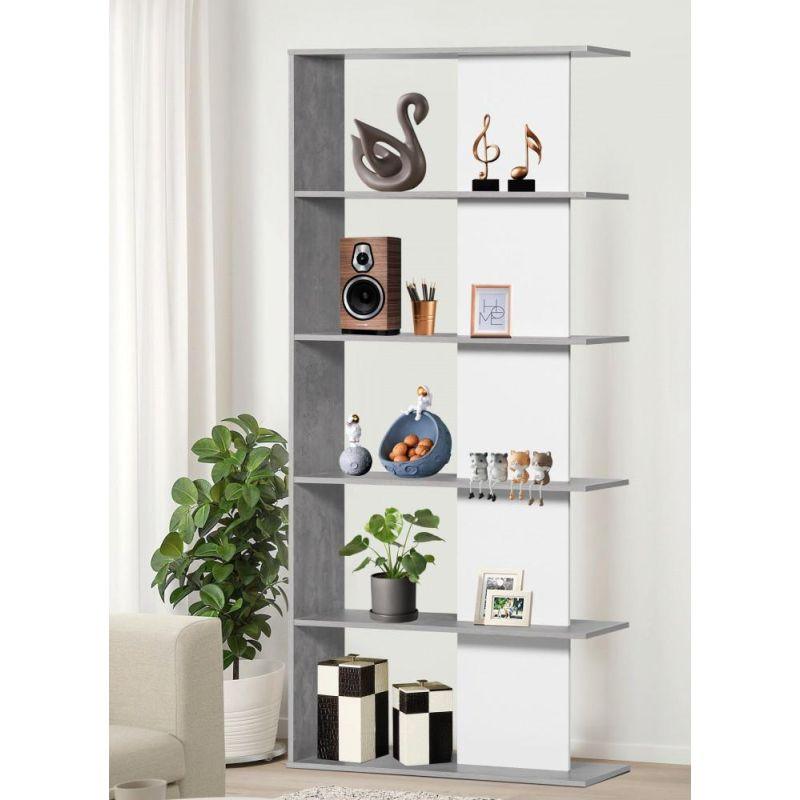 Shelving Unit With 5 Layers From Malaysian Wood - Gray And White - 80x30x180 cm - By Baity - ALHOME