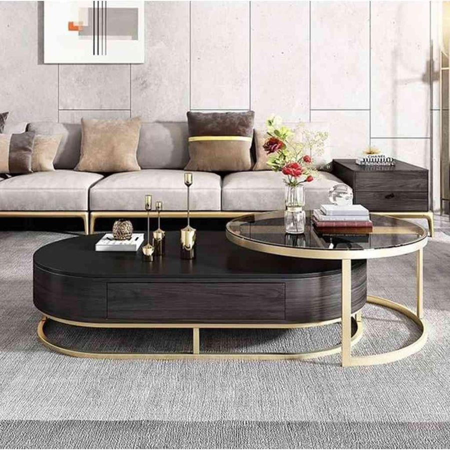 Alhome Coffee Table Set - 2 Pieces - Brown and Gold - AL-350 - Zrafh.com - Your Destination for Baby & Mother Needs in Saudi Arabia
