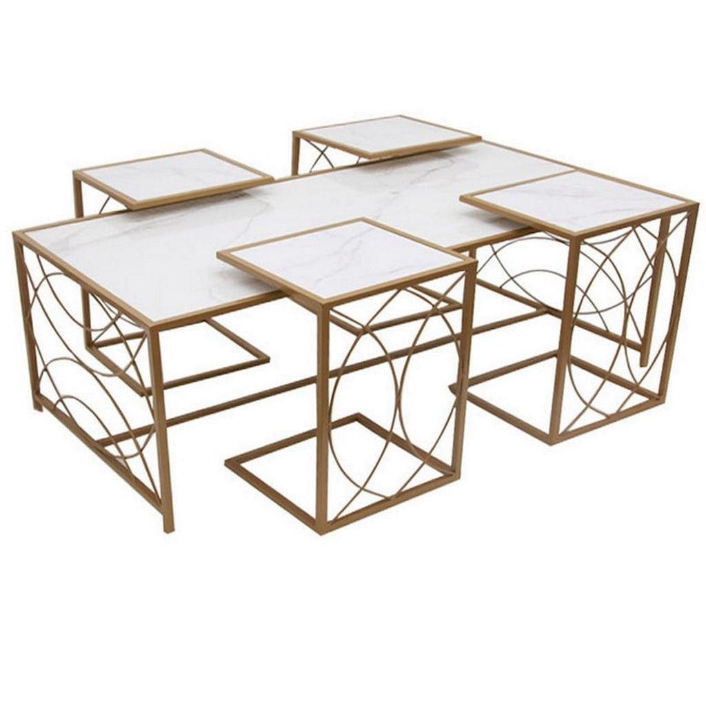 Alhome Iron and Porcelain Coffee Table Set, 5 Pieces - Gold and White - AL-366 - Zrafh.com - Your Destination for Baby & Mother Needs in Saudi Arabia