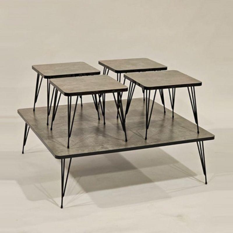 Set of 4+1 Square Tables With Wood Top And Metal Bases In A Gray-Black Color By Alhome - ALHOME