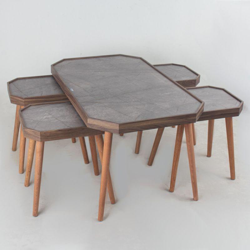 1+4 Brown Table Set With Brown Wooden Bases And Gray Wooden Top By Alhome - ALHOME