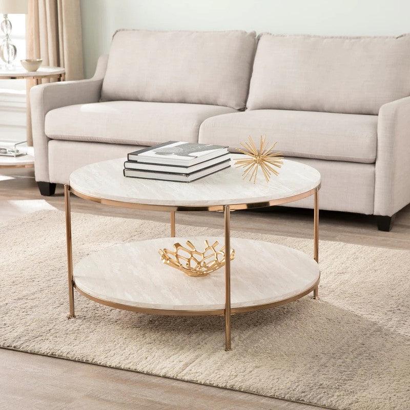 Luxurious White & Gold Iron, Steel & Marble Wood Coffee Table - 80x80x55 cm By Alhome - ALHOME