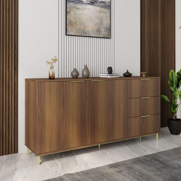 Black Brown Console with 2 Doors, 3 Drawers, and Gold Legs By Alhome - ALHOME