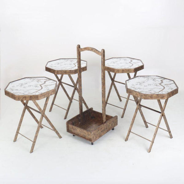 Set of 4+1 Service Tables With A Glass Top And An Iron Base With A Moving Trolley In An Antique Gold Color By Alhome - ALHOME