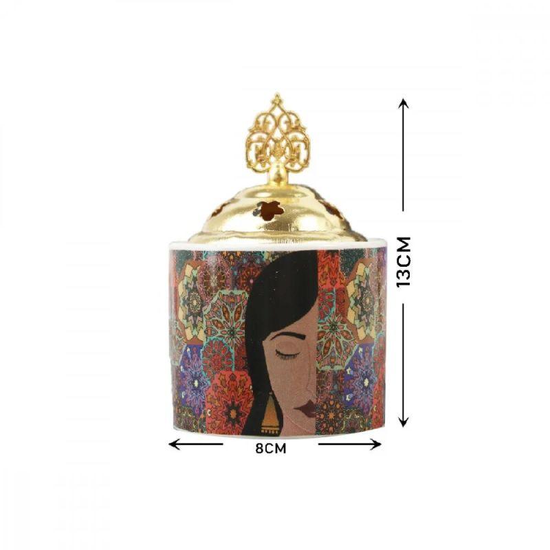 Decorative Circular Ceramic Incense Burner With Gold Lid - 8x8x13 cm - Multi Color By Family Ship - ALHOME