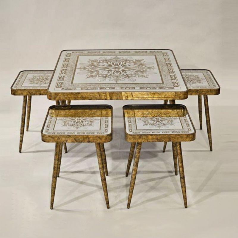 Table Set Of 5 With Metal Bases And Mirrored Glass Top In Antique Gold By Alhome - ALHOME