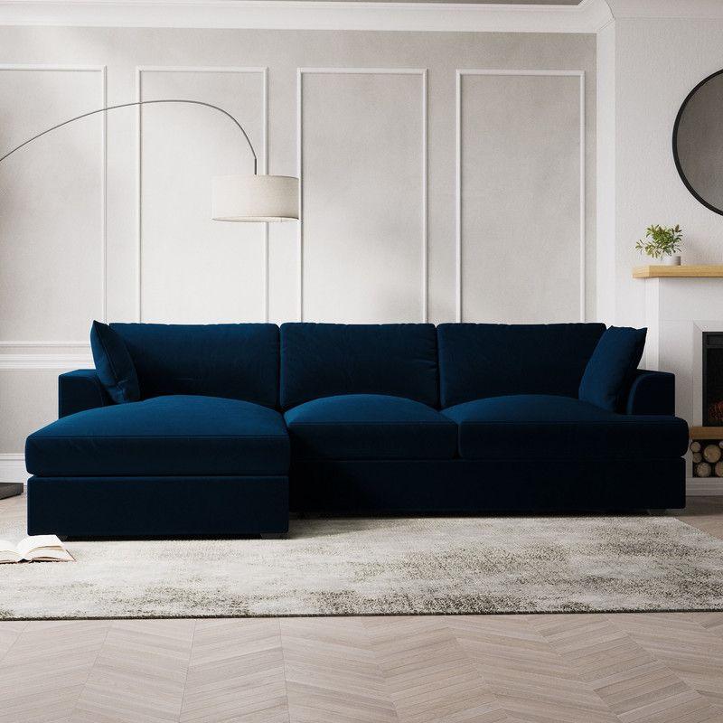 Elegant Dark Blue Velvet L-Shaped Sofa - 240x150x45x85 cm - Swedish Wood By Alhome - ALHOME