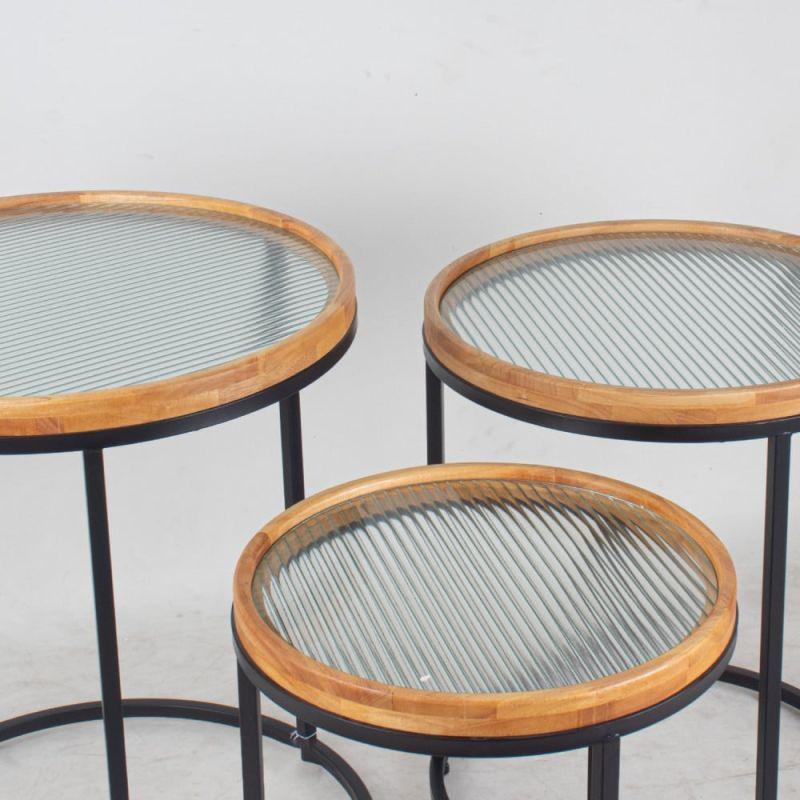 Set of Circular Tables With Iron Bases And A Glass Top With Wooden Edges By Alhome - ALHOME