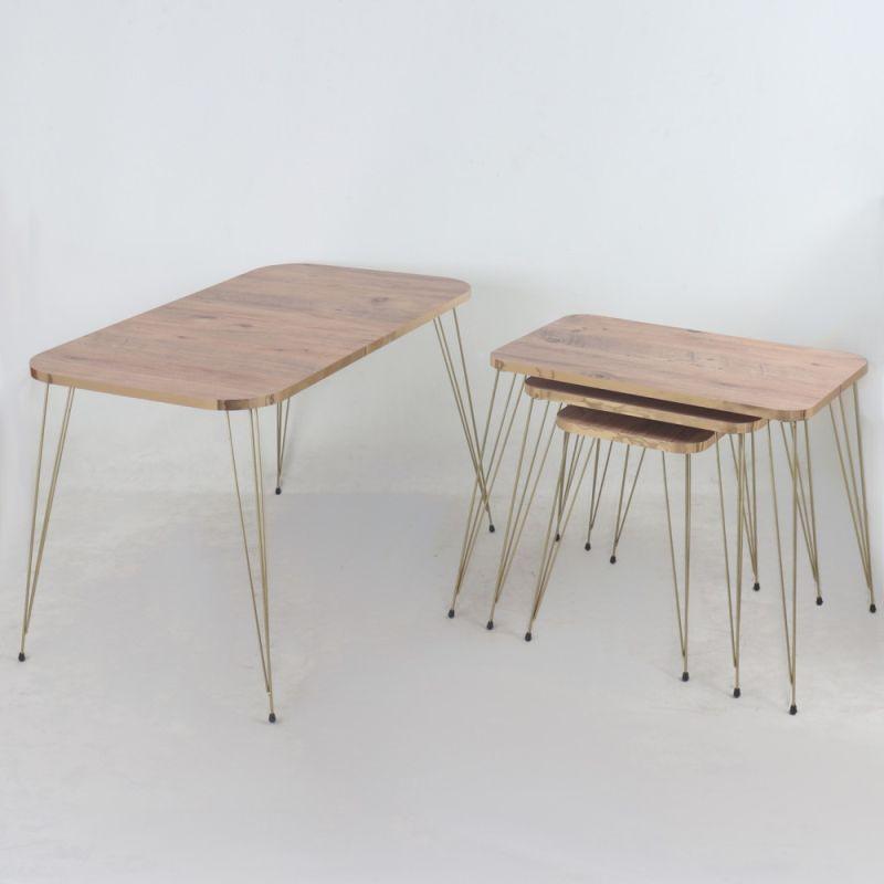 Wooden Table Set With Golden Edges And Metal Bases By Alhome - ALHOME