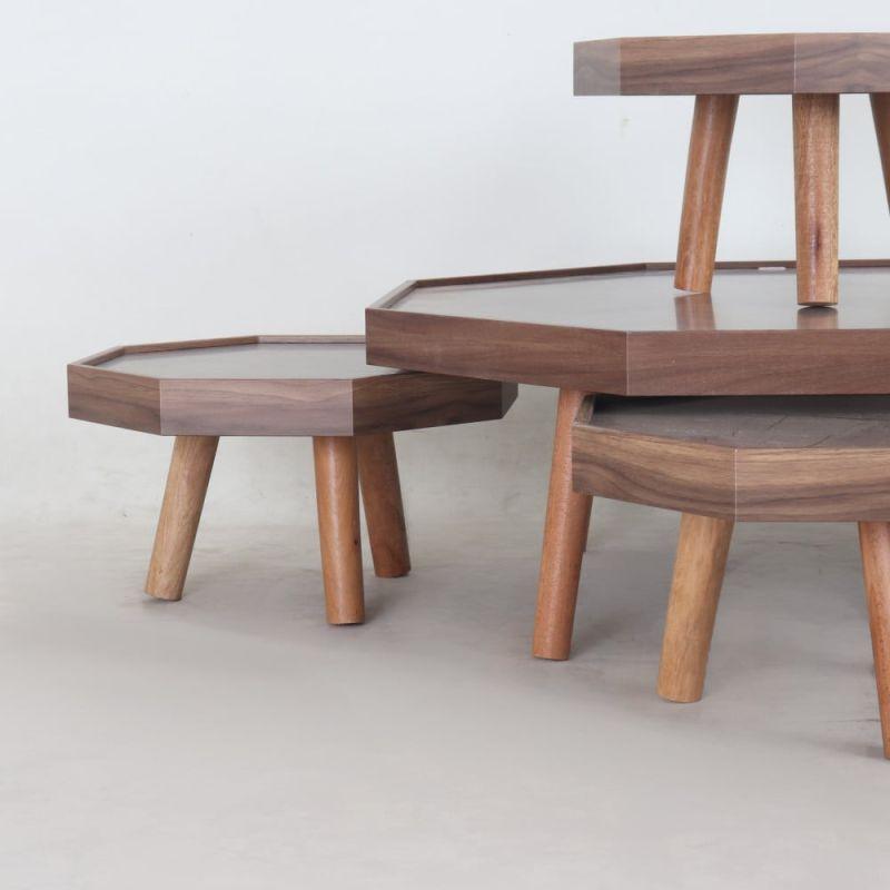 Set of Round Wooden Floor Tables In Brown Color With Gray Surfaces 4+1 By Alhome - ALHOME