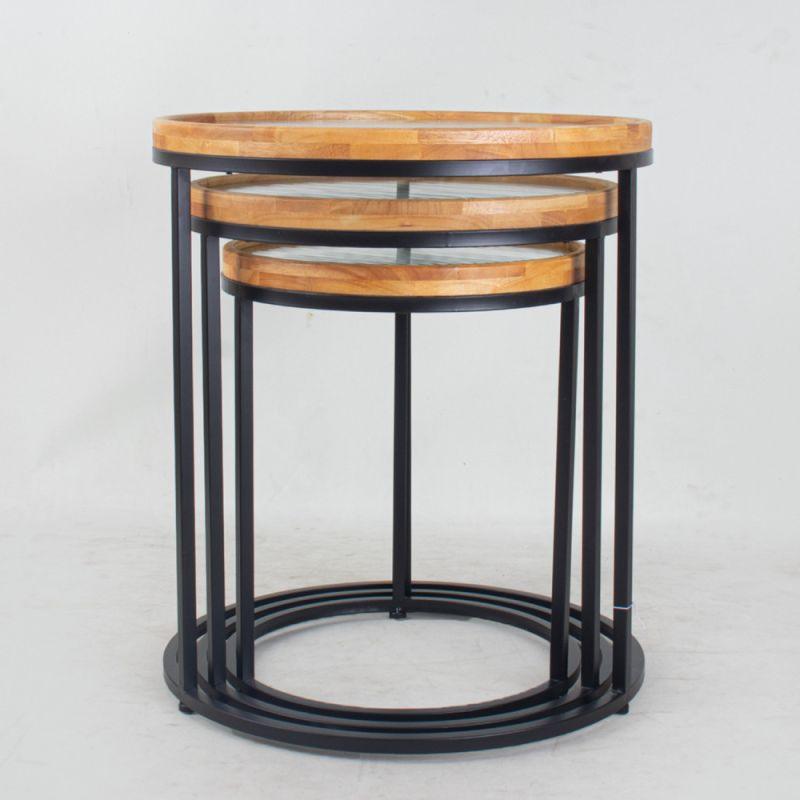 Set of Circular Tables With Iron Bases And A Glass Top With Wooden Edges By Alhome - ALHOME