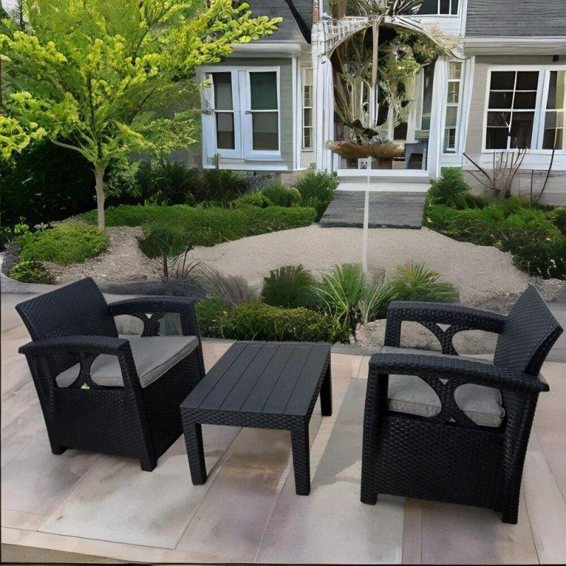 Plastic outdoor garden seating - table and 2 chairs - black - By Family Ship - ASL-6818 - ALHOME