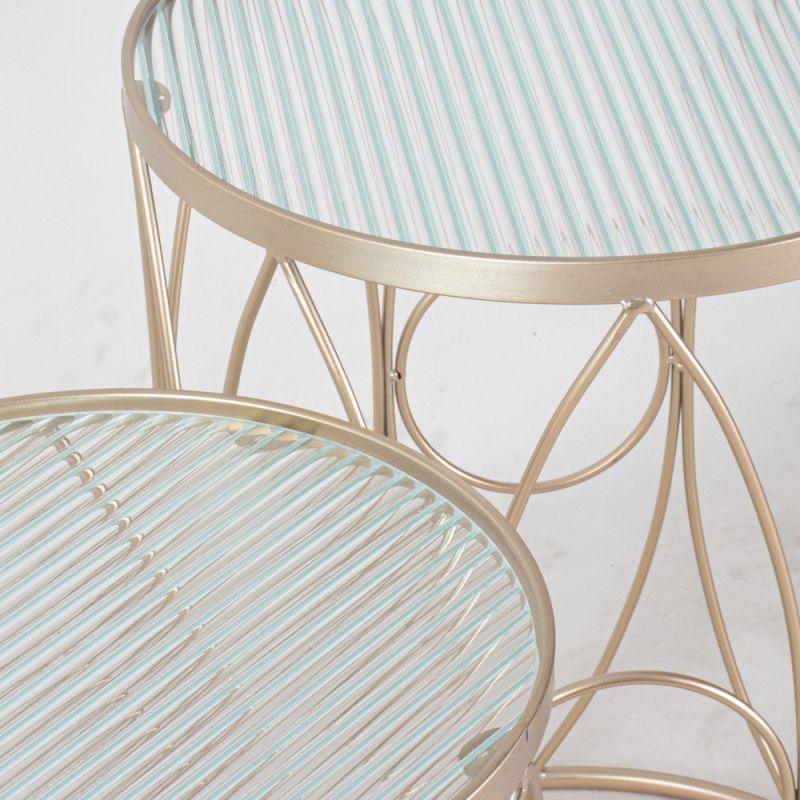 Set of Golden Circular Tables With A Round Glass Top And Iron Bases By Alhome - ALHOME