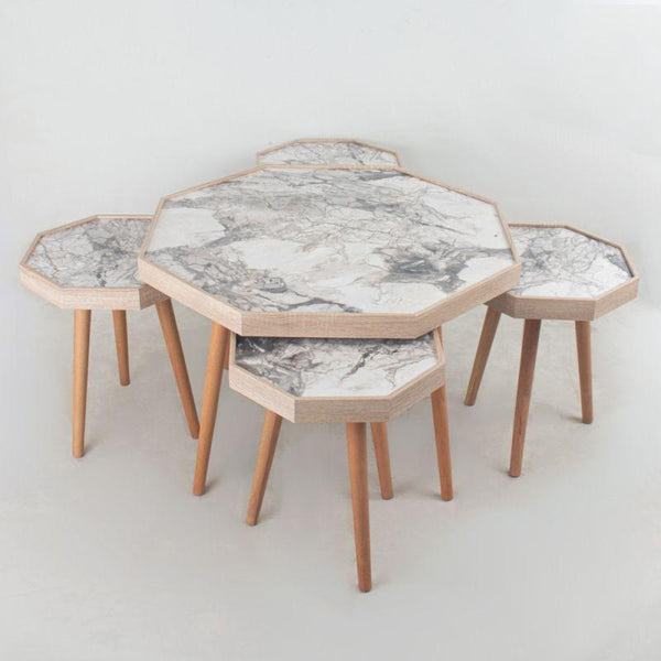 Table Set 1+4 Marble Top And Brown Wooden Bases by Alhome - 110112033 - ALHOME