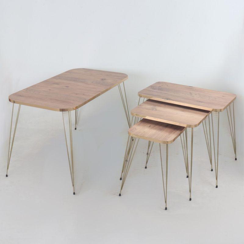 Wooden Table Set With Golden Edges And Metal Bases By Alhome - ALHOME