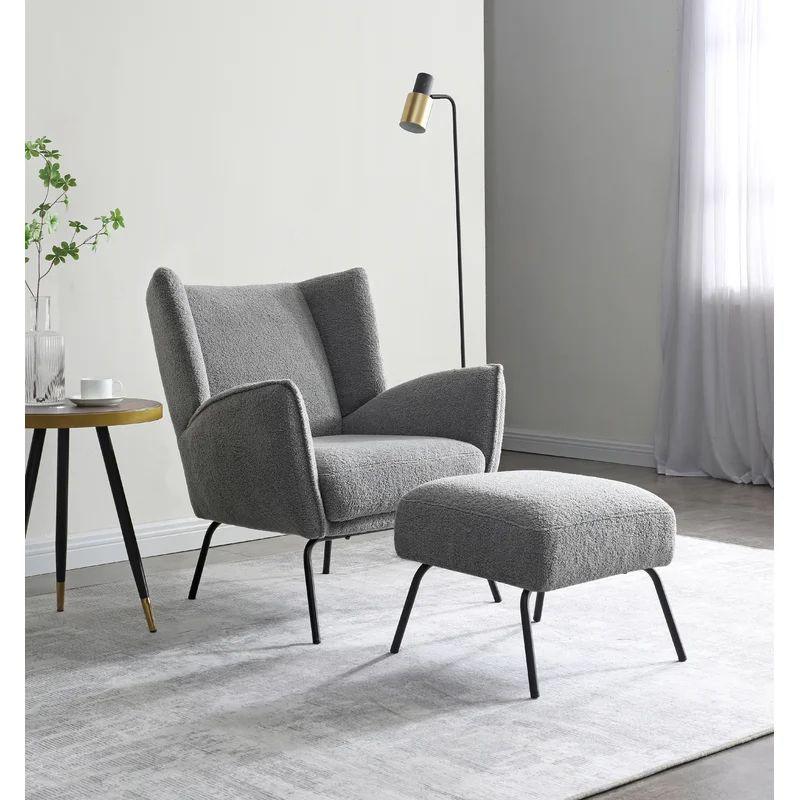 Gray Boucle Chair and Pouf Set Swedish Wood By Alhome - 110110763 - ALHOME