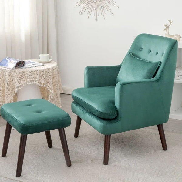 Verdant Green Velvet Chair and Pouf Set Swedish Wood By Alhome - ALHOME