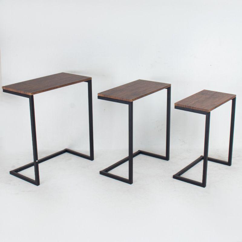 Table Set Of 3 Service Tables With Black Iron Bases And A Dark Wooden Top By Alhome - ALHOME