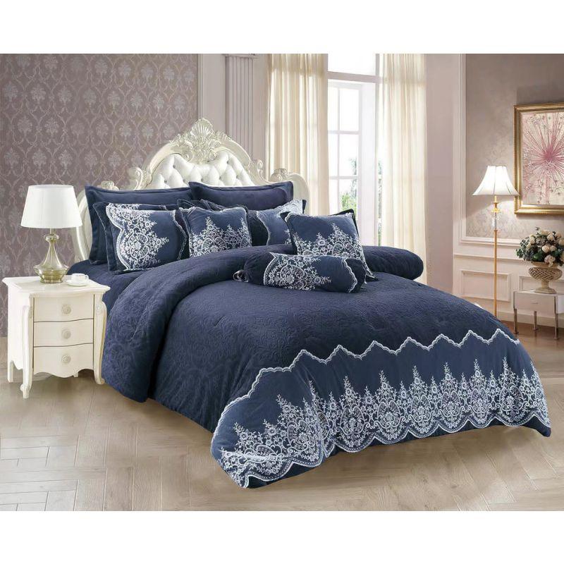 Lace Velvet Bedding 9 Pieces - Double - Indigo By Alhome - ALHOME